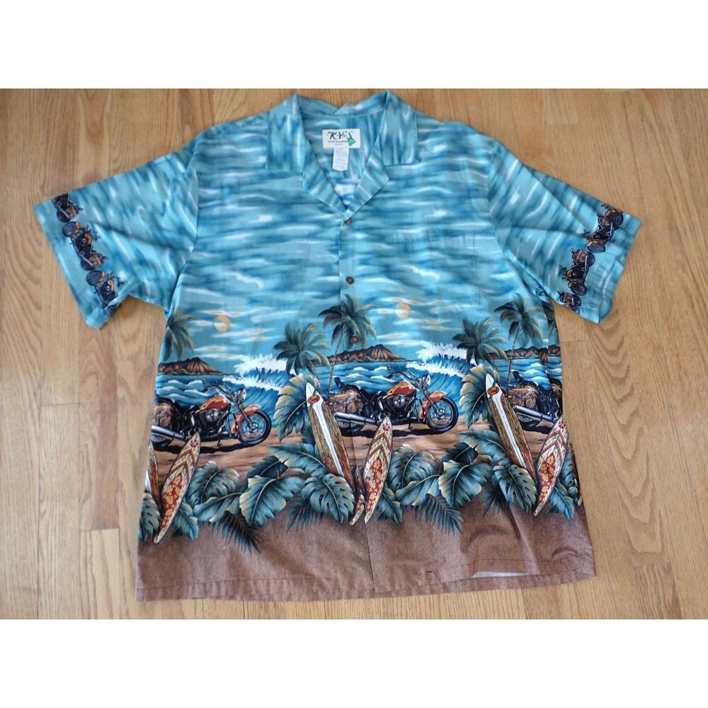 KYS Hawaiian Men's Aloha Shirt Blue XXL Motorcycle Surfboard Diamond Head 2XLT